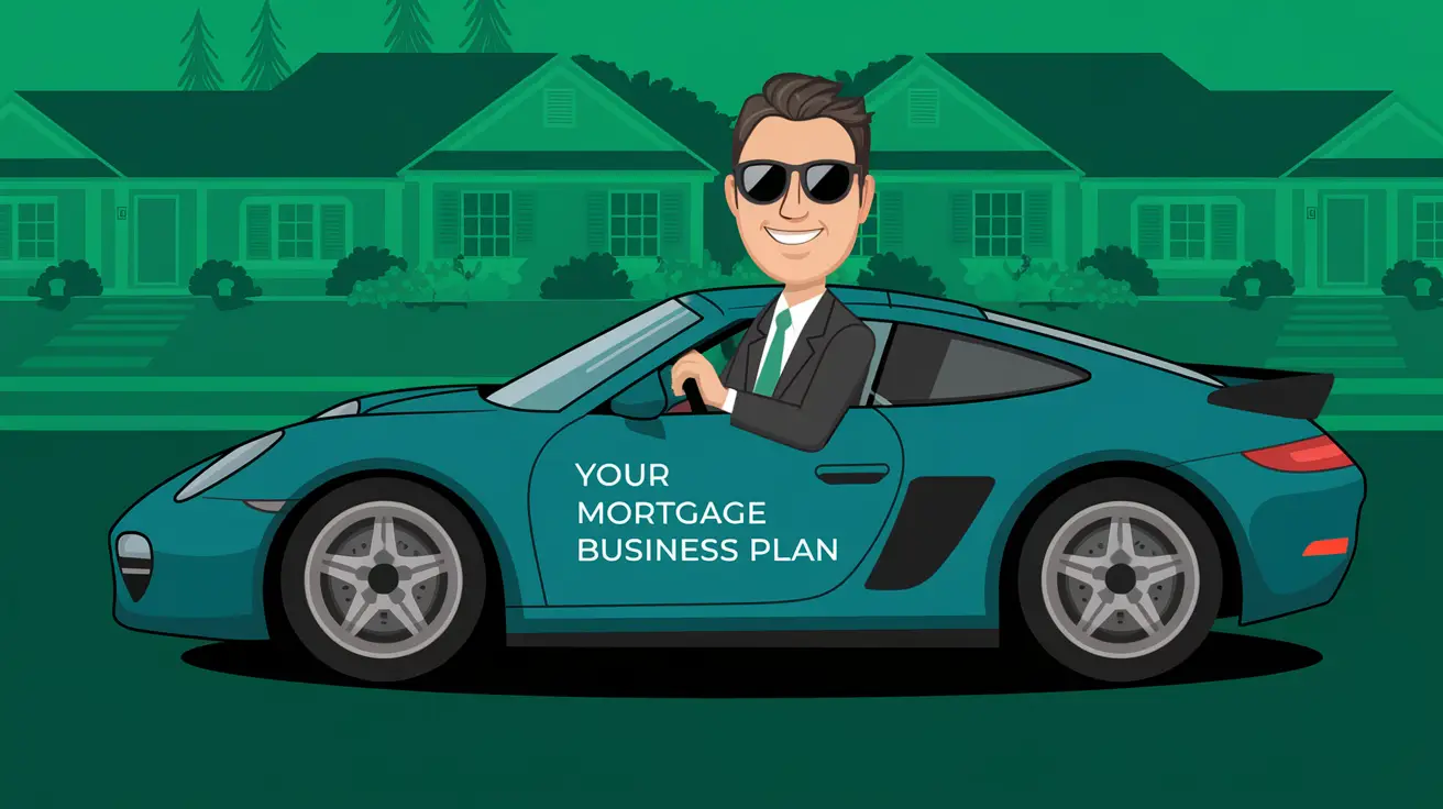 A cartoon illustration of a mortgage agent with a suit and tie, driving a car. The car is a sports car with the text 